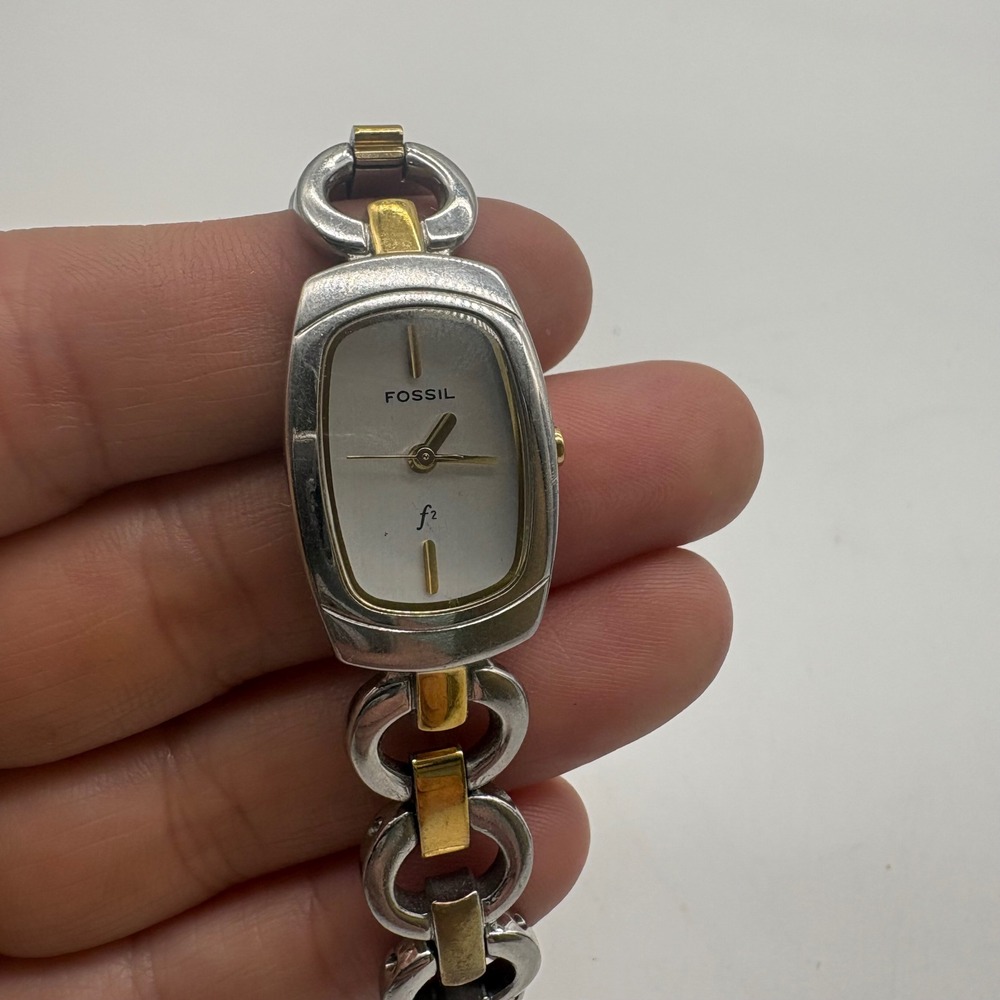 Fossil Two Tone Silver Gold Tone Linked Chain Bracelet Women Watch Needs Battery